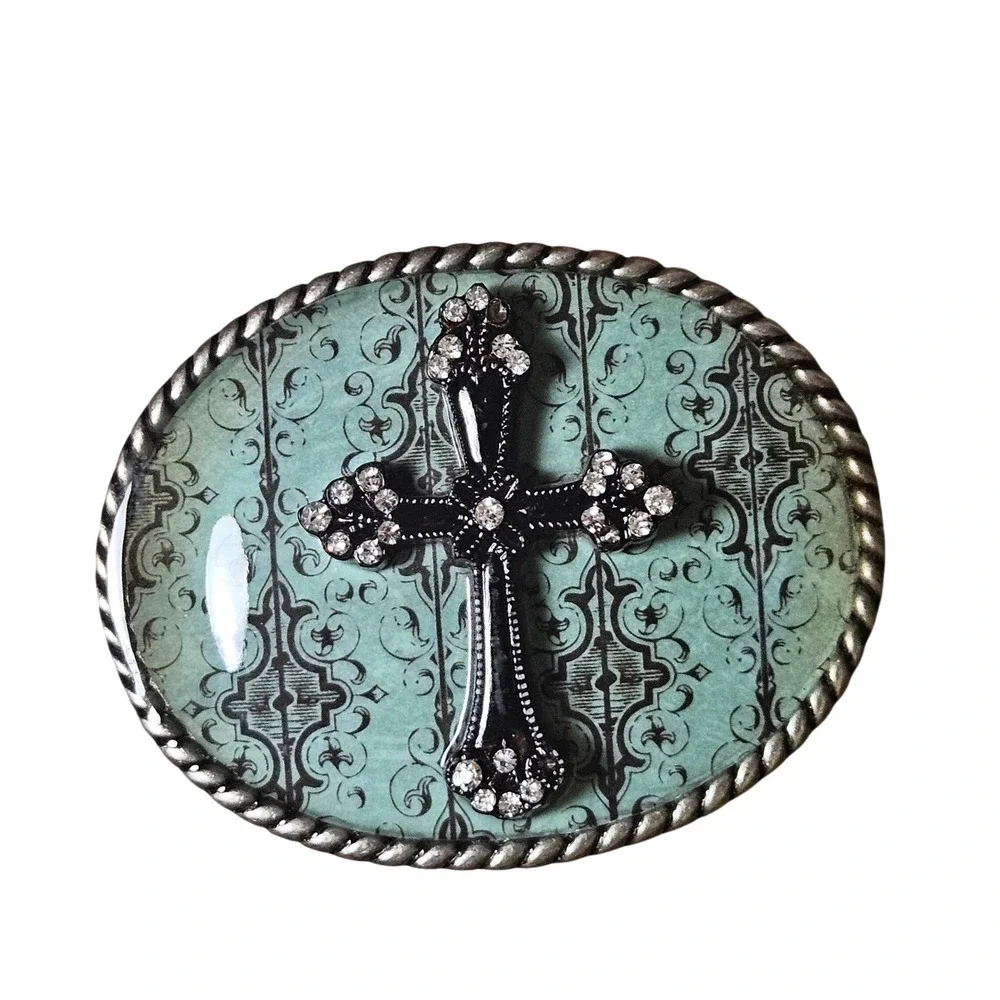 Western Rhinestone Cross Belt Buckle Teal Damask Oval Silver Tone QC11659